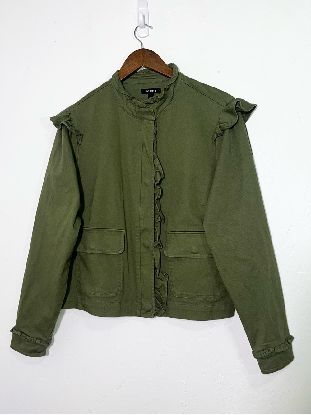 Torrid Olive Green Ruffle Utility Jacket Womens Cotton Twill Military